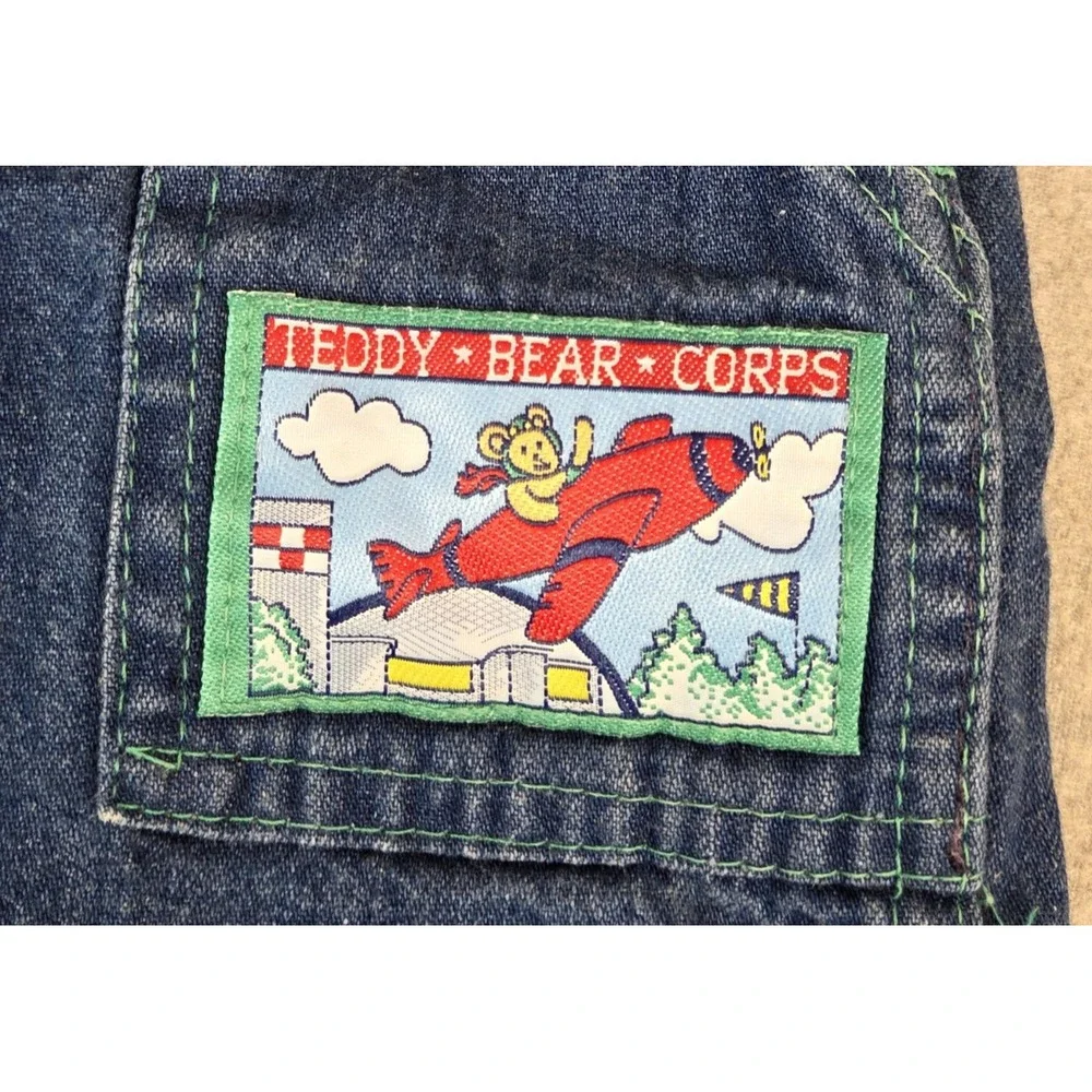 Vintage Oshkosh Baby B Gosh Denim Overalls 12M Airplane Teddy Bear Plaid‎ USA